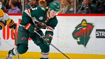 ST. PAUL, MN - MARCH 25: Ryan Donato #6 of the Minnesota Wild skates with the puck during a game with the Nashville Predators at Xcel Energy Center on March 25, 2019 in St. Paul, Minnesota.(Photo by Bruce Kluckhohn/NHLI via Getty Images)