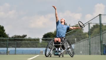 NOTTINGHAM, ENGLAND - JULY 20: Gordon Reid of Great Britain takes part in a training session before the British Open Wheelchair Tennis Championships at Nottingham Tennis Centre on July 20, 2021 in Nottingham, England. (Photo by Nathan Stirk/Getty Images for LTA)