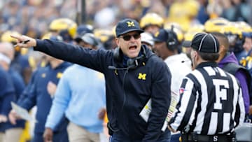 Oct 23, 2021; Ann Arbor, Michigan, USA; Michigan Wolverines head coach Jim Harbaugh reacts in the second half against the Northwestern Wildcats at Michigan Stadium. Mandatory Credit: Rick Osentoski-USA TODAY Sports