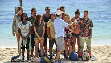 "Survivor Jackpot" - Jeff Probst hands out the new buffs to Sierra Dawn-Thomas, Cirie Fields, Oscar "Ozzy" Lusth, Debbie Wanner, Brad Culpepper, Tai Trang, James "J.T" Thomas, Andrea Boehlke, Sarah Lacina and Zeke Smith on the third episode of SURVIVOR: Game Changers, airing Wednesday, March 15 (8:00-9:00 PM, ET/PT) on the CBS Television Network. Photo: Jeffrey Neira/CBS Entertainment ÃÂ©2017 CBS Broadcasting, Inc. All Rights Reserved.