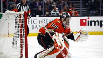 ANAHEIM, CALIFORNIA - FEBRUARY 25: John Gibson #36 of the Anaheim Ducks in goal against the Los Angeles Kings in the second period at Honda Center on February 25, 2022 in Anaheim, California. (Photo by Ronald Martinez/Getty Images)