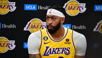 Sep 26, 2022; El Segundo, CA, USA; Los Angeles Lakers forward Anthony Davis (3) speaks during Lakers Media Day at UCLA Health Training Center. Mandatory Credit: Gary A. Vasquez-USA TODAY Sports