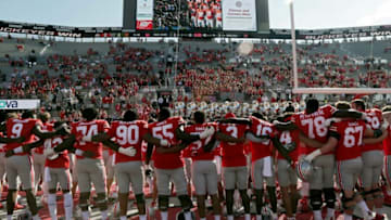 Ohio State football players sing "Carmen Ohio" following a 66-17 win over the Maryland Terrapins in Saturday's NCAA Division I football game at Ohio Stadium in Columbus on October 9, 2021.Osu21mary Bjp 1674