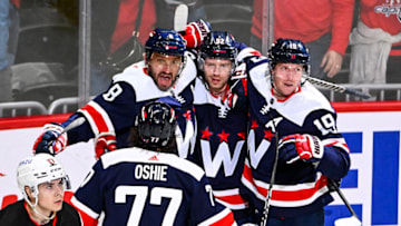 Alex Ovechkin, T.J. Oshie, Evgeny Kuznetsov, Nicklas Backstrom, Washington Capitals Mandatory Credit: Brad Mills-USA TODAY Sports