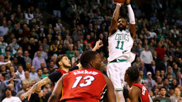 BOSTON, MA - DECEMBER 20: Kyrie Irving #11 of the Boston Celtics attempts a last second shot against the Miami Heat during the fourth quarter at TD Garden on December 20, 2017 in Boston, Massachusetts. The Heat defeat the Celtics 90-89. (Photo by Maddie Meyer/Getty Images)