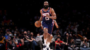 NEW YORK, NEW YORK - JANUARY 01: James Harden #13 of the Brooklyn Nets brings the ball up the court during the third quarter against the Los Angeles Clippers at Barclays Center on January 01, 2022 in New York City. NOTE TO USER: User expressly acknowledges and agrees that, by downloading and or using this photograph, User is consenting to the terms and conditions of the Getty Images License Agreement. (Photo by Dustin Satloff/Getty Images)
