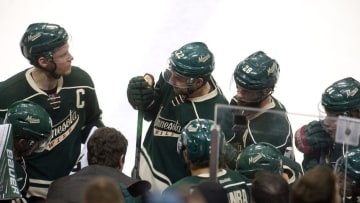 Apr 24, 2016; Saint Paul, MN, USA; Minnesota Wild center Mikko Koivu (9) and forward Nino Niederreiter (22) and forward Jason Pominville (29) during a time out during the third period Minnesota Wild Dallas Stars in game six of the first round of the 2016 Stanley Cup Playoffs at Xcel Energy Center. The Stars win 5-4 over the Wild. Mandatory Credit: Marilyn Indahl-USA TODAY Sports