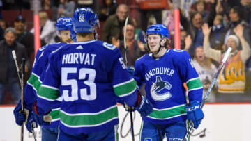 VANCOUVER, BC - MARCH 13: Vancouver Canucks Right Wing Brock Boeser (6) is congratulated by Center Bo Horvat (53) and Defenseman Alexander Edler (23) after scoring a goal against the New York Rangers during their NHL game at Rogers Arena on March 13, 2019 in Vancouver, British Columbia, Canada. (Photo by Derek Cain/Icon Sportswire via Getty Images)