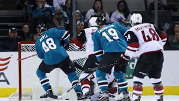 SAN JOSE, CA - JANUARY 13: Tomas Hertl #48 of the San Jose Sharks scores a goal against the Arizona Coyotes in the first period at SAP Center on January 13, 2018 in San Jose, California. (Photo by Ezra Shaw/Getty Images)