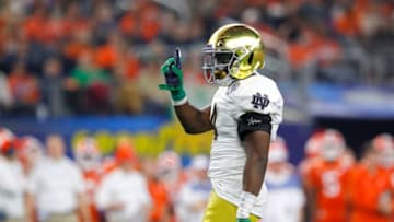 ARLINGTON, TEXAS - DECEMBER 29: Te'von Coney #4 of the Notre Dame Fighting Irish reacts after a play in the third quarter against the Clemson Tigers during the College Football Playoff Semifinal Goodyear Cotton Bowl Classic at AT&T Stadium on December 29, 2018 in Arlington, Texas. (Photo by Kevin C. Cox/Getty Images)