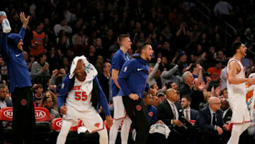 NEW YORK, NY - NOVEMBER 22: Jarrett Jack #55 of the New York Knicks and teammates on the bench cheer along with the fans as the Knicks outscore the Toronto Raptors 41-10 during the 3rd quarter of an NBA basketball game on November 22, 2017 at Madison Square Garden in New York City. Knicks won 108-100. (Photo by Paul Bereswill/Getty Images)