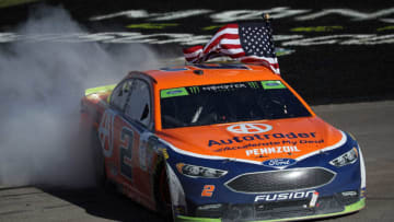 LAS VEGAS, NV - SEPTEMBER 16: Brad Keselowski, driver of the #2 Autotrader Ford,celebrates his victory with a burnout during the Monster Energy NASCAR Cup Series SouthPoint 400 at Las Vegas Motor Speedway on September 16, 2018 in Las Vegas, Nevada. (Photo by Chris Graythen/Getty Images)