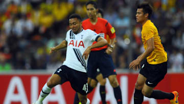 SHAH ALAM, MALAYSIA - MAY 27: Grant Ward of Tottenham Hotspur battles with Mohd Nasir of Malaysia XI during the pre-season friendly match between Malaysia XI and Tottenham Hotspur at Shah Alam Stadium on May 27, 2015 in Shah Alam, Malaysia. (Photo by Stanley Chou/Getty Images)