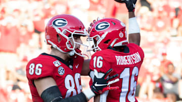 ATHENS, GA - SEPTEMBER 7: Demetris Robertson #16 of the Georgia Bulldogs celebrates his touchdown with John FitzPatrick #86 during a game between Murray State Racers and University of Georgia Bulldogs at Sanford Stadium on September 7, 2019 in Athens, Georgia. (Photo by Steve Limentani/ISI Photos/Getty Images).
