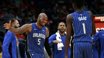 NEW ORLEANS, LA - OCTOBER 30: Marreese Speights #5 of the Orlando Magic reacts after a three point shot against the New Orleans Pelicans at the Smoothie King Center on October 30, 2017 in New Orleans, Louisiana. NOTE TO USER: User expressly acknowledges and agrees that, by downloading and or using this photograph, User is consenting to the terms and conditions of the Getty Images License Agreement. (Photo by Chris Graythen/Getty Images)