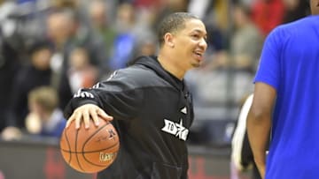 Feb 13, 2016; Toronto, Ontario, Canada; Eastern Conference head coach Tyronn Lue of the Cleveland Cavaliers dribbles the ball during practice for the NBA All Star game at Ricoh Coliseum. Mandatory Credit: Bob Donnan-USA TODAY Sports