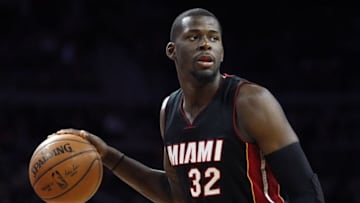 Apr 4, 2015; Auburn Hills, MI, USA; Miami Heat forward James Ennis (32) looks for an open man during the second quarter against the Detroit Pistons at The Palace of Auburn Hills. Mandatory Credit: Raj Mehta-USA TODAY Sports