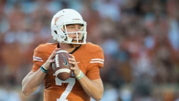 AUSTIN, TX - OCTOBER 15: Shane Buechele #7 of the Texas Longhorns drops back to pass against the Iowa State Cyclones during the first half on October 15, 2016 at Darrell K Royal-Texas Memorial Stadium in Austin, Texas. (Photo by Cooper Neill/Getty Images)