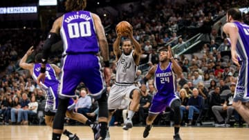 SAN ANTONIO, TX - MARCH 19: Kawhi Leonard of the San Antonio Spurs during the game against the Sacramento Kings on March 19, 2017 at the AT&T Center in San Antonio, Texas. NOTE TO USER: User expressly acknowledges and agrees that, by downloading and or using this photograph, user is consenting to the terms and conditions of the Getty Images License Agreement. Mandatory Copyright Notice: Copyright 2017 NBAE (Photos by Darren Carroll/NBAE via Getty Images)
