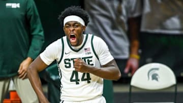 Michigan State's Gabe Brown celebrates after teammate Mady Sissoko is fouled on a shot against Notre Dame during the second half on Saturday, Nov. 28, 2020, at the Breslin Center in East Lansing.201128 Msu Notre Dame 115a