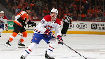 PHILADELPHIA, PA - JANUARY 16: Ryan Poehling #25 of the Montreal Canadiens looks on against the Philadelphia Flyers at the Wells Fargo Center on January 16, 2020 in Philadelphia, Pennsylvania. (Photo by Mitchell Leff/Getty Images)