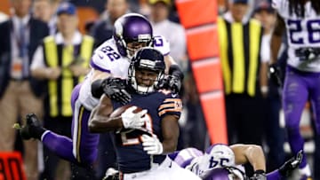 CHICAGO, IL - OCTOBER 09: Tarik Cohen #29 of the Chicago Bears is tackled by Harrison Smith #22 of the Minnesota Vikings in the fourth quarter at Soldier Field on October 9, 2017 in Chicago, Illinois. The Minnesota Vikings defeated the Chicago Bears 20-17. (Photo by Joe Robbins/Getty Images)