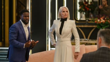 The Man from Toronto. (L-R) Kevin Hart as Teddy, Ellen Barkin as The Handler and Alejandro De Hoyos as Colonel Marin in The Man From Toronto. Cr. Sabrina Lantos/Netflix © 2022.