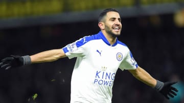 Leicester City's Algerian midfielder Riyad Mahrez celebrates scoring his team's first goal during the English Premier League football match between Watford and Leicester City at Vicarage Road Stadium in Watford, north of London on March 5, 2016. / AFP / OLLY GREENWOOD / RESTRICTED TO EDITORIAL USE. No use with unauthorized audio, video, data, fixture lists, club/league logos or 'live' services. Online in-match use limited to 75 images, no video emulation. No use in betting, games or single club/league/player publications. / (Photo credit should read OLLY GREENWOOD/AFP/Getty Images)