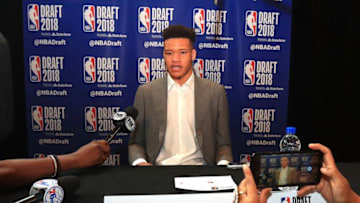 NEW YORK, NY - JUNE 20: NBA Draft Prospect Kevin Knox speaks to the media before the 2018 NBA Draft at the Grand Hyatt New York Grand Central Terminal on June 20, 2018 in New York City. NOTE TO USER: User expressly acknowledges and agrees that, by downloading and or using this photograph, User is consenting to the terms and conditions of the Getty Images License Agreement. (Photo by Mike Lawrie/Getty Images)