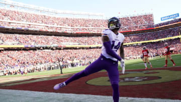 SANTA CLARA, CALIFORNIA - JANUARY 11: Stefon Diggs #14 of the Minnesota Vikings celebrates after a 41-yard touchdown against the San Francisco 49ers in the first quarter of the NFC Divisional Round Playoff game at Levi's Stadium on January 11, 2020 in Santa Clara, California. (Photo by Thearon W. Henderson/Getty Images)
