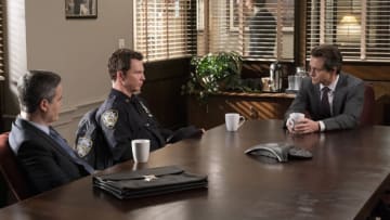 LAW & ORDER -- "Heroes" Episode 22014 -- Pictured: (l-r) John Borras as PBA Lawyer, Shawn Hatosy as Officer Nick Riley, Hugh Dancy as ADA Nolan Price -- (Photo by: Ralph Bavaro/NBC)