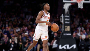 NEW YORK, NEW YORK - APRIL 09: Immanuel Quickley #5 of the New York Knicks drives in the second half against the Indiana Pacers at Madison Square Garden on April 09, 2023 in New York City. NOTE TO USER: User expressly acknowledges and agrees that, by downloading and or using this photograph, User is consenting to the terms and conditions of the Getty Images License Agreement. (Photo by Elsa/Getty Images)