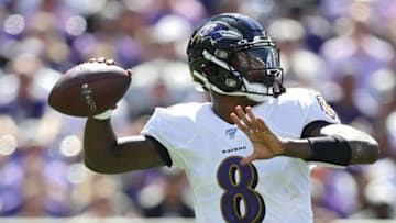 BALTIMORE, MARYLAND - SEPTEMBER 15: Quarterback Lamar Jackson #8 of the Baltimore Ravens looks to pass against the Arizona Cardinals during the first quarter at M&T Bank Stadium on September 15, 2019 in Baltimore, Maryland. (Photo by Patrick Smith/Getty Images)