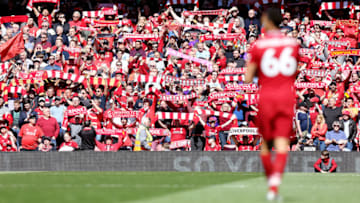LIVERPOOL, ENGLAND - MAY 12: Liverpool's Trent Alexander-Arnold takes in the atmosphere ahead of kick-off at Anfield during the Premier League match between Liverpool FC and Wolverhampton Wanderers at Anfield on May 12, 2019 in Liverpool, United Kingdom. (Photo by Rich Linley - CameraSport via Getty Images)