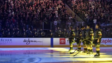 LAS VEGAS, NEVADA - JANUARY 04: Vegas Golden Knights players stand at attention during the national anthem prior to a game against the St. Louis Blues at T-Mobile Arena on January 04, 2020 in Las Vegas, Nevada. (Photo by Jeff Bottari/NHLI via Getty Images)