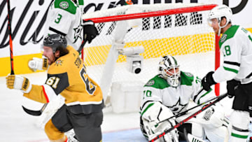 Dec 8, 2021; Las Vegas, Nevada, USA; Vegas Golden Knights right wing Mark Stone (61) celebrates after scoring a third period goal against Dallas Stars goaltender Braden Holtby (70) at T-Mobile Arena. Mandatory Credit: Stephen R. Sylvanie-USA TODAY Sports