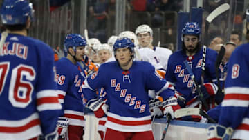 NEW YORK, NEW YORK - JANUARY 21: Ryan Strome #16 and the New York Rangers react after Brock Nelson #29 of the New York Islanders scores a third period goal at Madison Square Garden on January 21, 2020 in New York City. The Islanders defeated the Rangers 4-2. (Photo by Bruce Bennett/Getty Images)