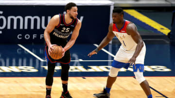 Ben Simmons #25 of the Philadelphia 76ers is defended by Zion Williamson #1 of the New Orleans Pelicans (Photo by Sean Gardner/Getty Images)