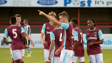 DAGENHAM, ENGLAND - AUGUST 22: Antonio Martinez (C) of West Ham United celebrates scoring during the Premier League 2 match between West Ham United and Newcastle United at Chigwell Construction Stadium on August 22, 2016 in Dagenham, England. (Photo by Avril Husband/West Ham United via Getty Images)