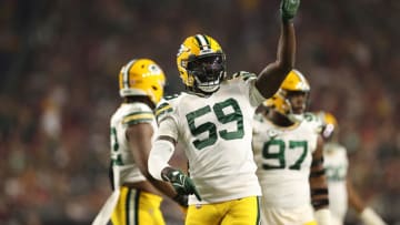 GLENDALE, ARIZONA - OCTOBER 28: De'Vondre Campbell #59 of the Green Bay Packers reacts after sacking Kyler Murray #1 of the Arizona Cardinals during the first half at State Farm Stadium on October 28, 2021 in Glendale, Arizona. (Photo by Christian Petersen/Getty Images)