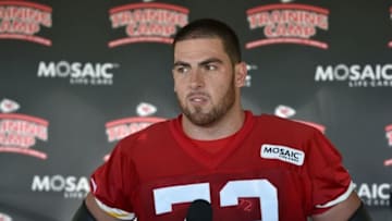 Jul 30, 2016; St. Joseph, MO, USA; Kansas City Chiefs tackle Eric Fisher (72) talks to media after the Kansas City Chiefs training camp presented by Mosaic Life Care at Missouri Western State University. Mandatory Credit: Denny Medley-USA TODAY Sports