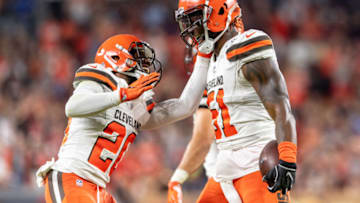 CLEVELAND, OH - AUGUST 23: Briean Boddy-Calhoun #20 celebrate with Jamie Collins #51 of the Cleveland Browns after Collins caught an interception during the first half of a preseason game against the Philadelphia Eagles at FirstEnergy Stadium on August 23, 2018 in Cleveland, Ohio. (Photo by Jason Miller/Getty Images)
