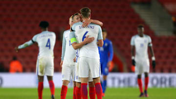 SOUTHAMPTON, ENGLAND - NOVEMBER 10: James Ward-Prowse of England U21 hugs Jack Stephens of England U21 during the U21 International Friendly match between England and Italy at St Mary's Stadium on November 10, 2016 in Southampton, England. (Photo by Catherine Ivill - AMA/Getty Images)