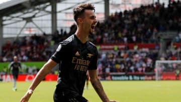 Arsenal's Portuguese midfielder Fabio Vieira celebrates scoring the team's third goal during the English Premier League football match between Brentford and Arsenal at the Gtech Community Stadium in London on September 18, 2022. - - RESTRICTED TO EDITORIAL USE. No use with unauthorized audio, video, data, fixture lists, club/league logos or 'live' services. Online in-match use limited to 120 images. An additional 40 images may be used in extra time. No video emulation. Social media in-match use limited to 120 images. An additional 40 images may be used in extra time. No use in betting publications, games or single club/league/player publications. (Photo by Ian Kington / AFP) / RESTRICTED TO EDITORIAL USE. No use with unauthorized audio, video, data, fixture lists, club/league logos or 'live' services. Online in-match use limited to 120 images. An additional 40 images may be used in extra time. No video emulation. Social media in-match use limited to 120 images. An additional 40 images may be used in extra time. No use in betting publications, games or single club/league/player publications. / RESTRICTED TO EDITORIAL USE. No use with unauthorized audio, video, data, fixture lists, club/league logos or 'live' services. Online in-match use limited to 120 images. An additional 40 images may be used in extra time. No video emulation. Social media in-match use limited to 120 images. An additional 40 images may be used in extra time. No use in betting publications, games or single club/league/player publications. (Photo by IAN KINGTON/AFP via Getty Images)