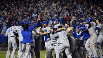 Nov 1, 2015; New York City, NY, USA; Kansas City Royals players celebrate on the field after defeating the New York Mets in game five of the World Series at Citi Field. The Royals won the World Series four games to one. Mandatory Credit: Robert Deutsch-USA TODAY Sports