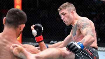 LAS VEGAS, NEVADA - AUGUST 28: (R-L) Gerald Meerschaert kicks Makhmud Muradov of Tajikistan in a middleweight fight during the UFC Fight Night event at UFC APEX on August 28, 2021 in Las Vegas, Nevada. (Photo by Chris Unger/Zuffa LLC)