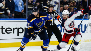 ST. LOUIS, MO - OCTOBER 28: St. Louis Blues' Alex Pietrangelo, left, controls the puck while being pressured by Columbus Blue Jackets' Oliver Bjorkstrand, right, during the third period of an NHL hockey game between the St. Louis Blues and the Columbus Blue Jackets. The Blues defeated the Blue Jackets 4-1 on October 28, 2017, at Scottrade Center in St. Louis, MO. (Photo by Tim Spyers/Icon Sportswire via Getty Images)