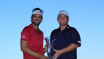 WINTER GARDEN, FLORIDA - DECEMBER 15: Co-medalists Curtis Thompson (L) and Braden Thornberry pose with the trophy following the Korn Ferry Tour Q-School Tournament Finals at Orange County National Golf Club Crooked Cat course on December 15, 2019 in Winter Garden, Florida. (Photo by Sam Greenwood/Getty Images)