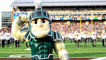 Sep 4, 2015; Kalamazoo, MI, USA; Michigan State Spartans mascot Sparty on field prior to a game against Western MIchigan at Waldo Stadium. Mandatory Credit: Mike Carter-USA TODAY Sports