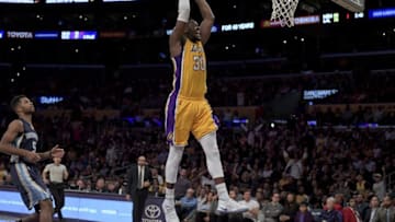 Jan 3, 2017; Los Angeles, CA, USA; Los Angeles Lakers forward Julius Randle (30) dunks the ball against the Memphis Grizzlies during the second half of a NBA game at the Staples Center. Mandatory credit: Kirby Lee-USA TODAY Sports